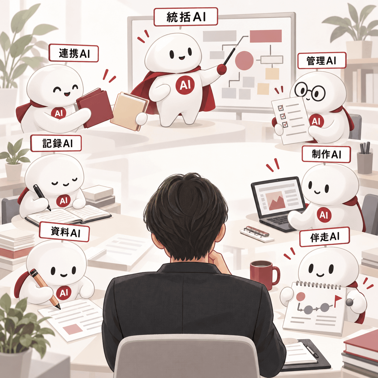 代表を示す後ろ姿の人物と、七つの役割を持つ架空のAIキャラクターが、記録・資料・制作・仕事の受け渡しを進める創作イメージ