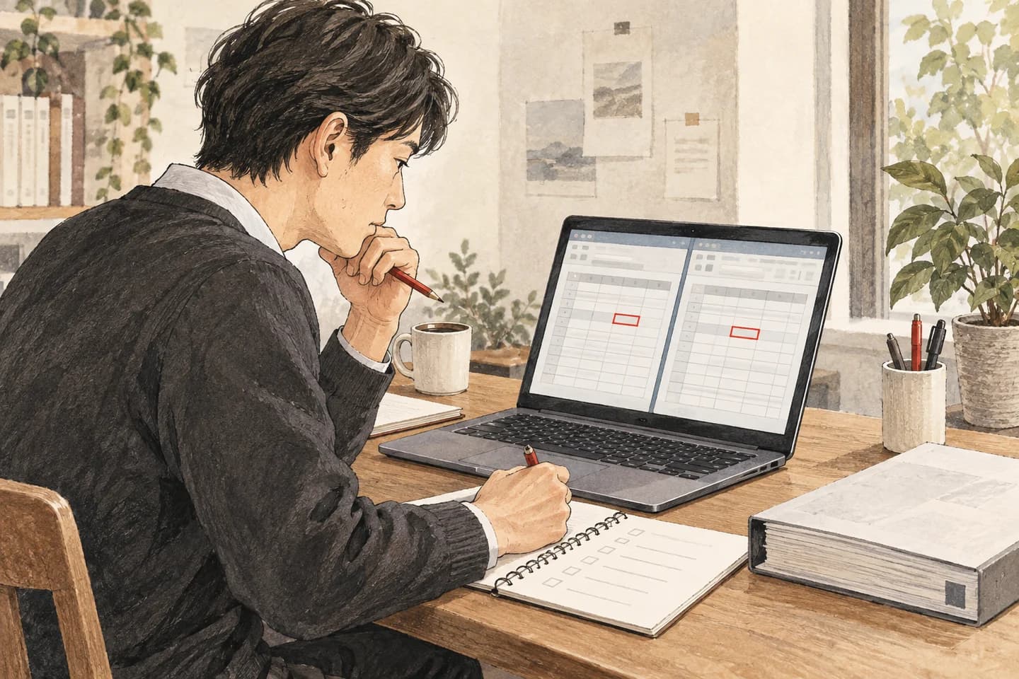 架空の人物・材料による説明です。二つの表の気になる箇所と、確認メモを見比べる説明イラスト