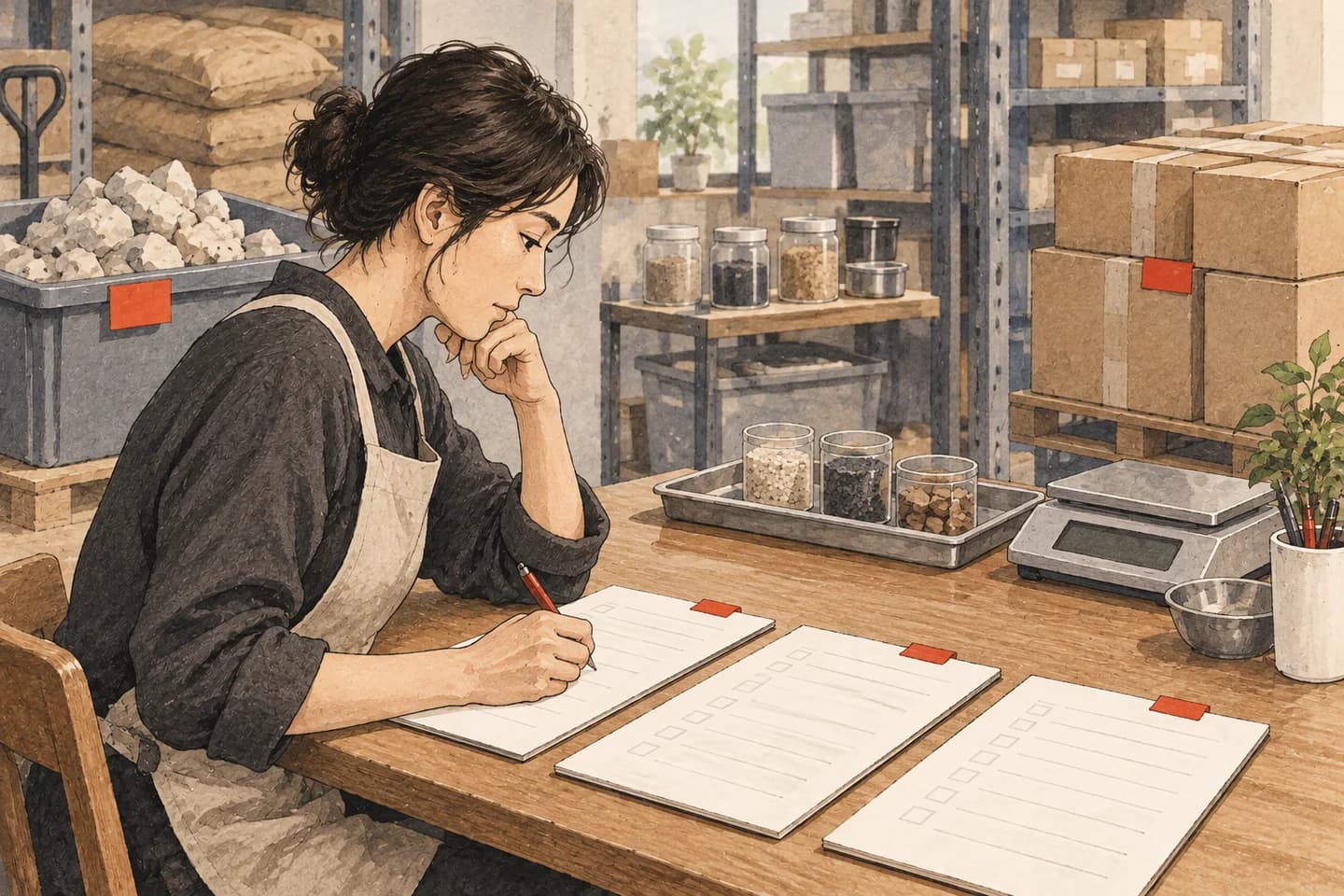 架空の人物・材料による説明です。異なる材料と三つの記録を分けて確かめる説明イラスト